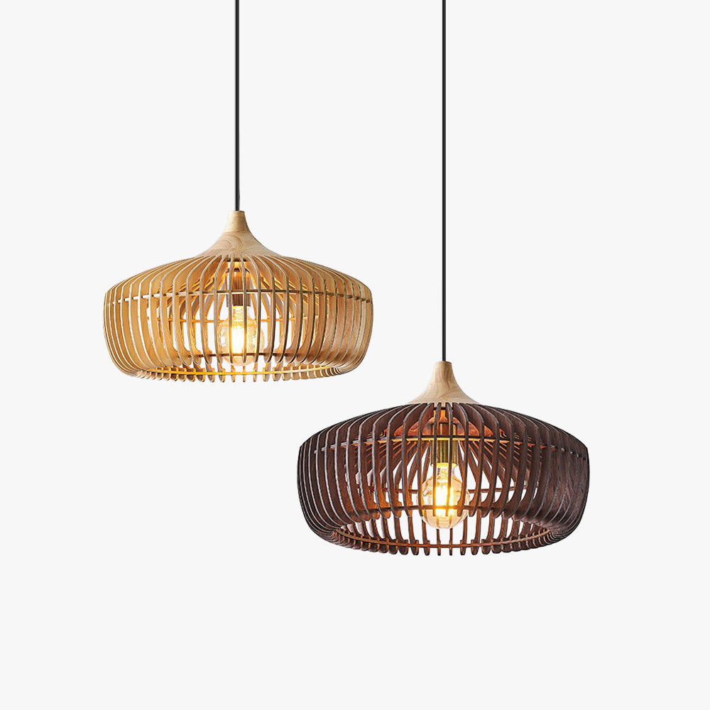 Nordic Bamboo Cage Pendant Light Wooden Slat Dome Fixture