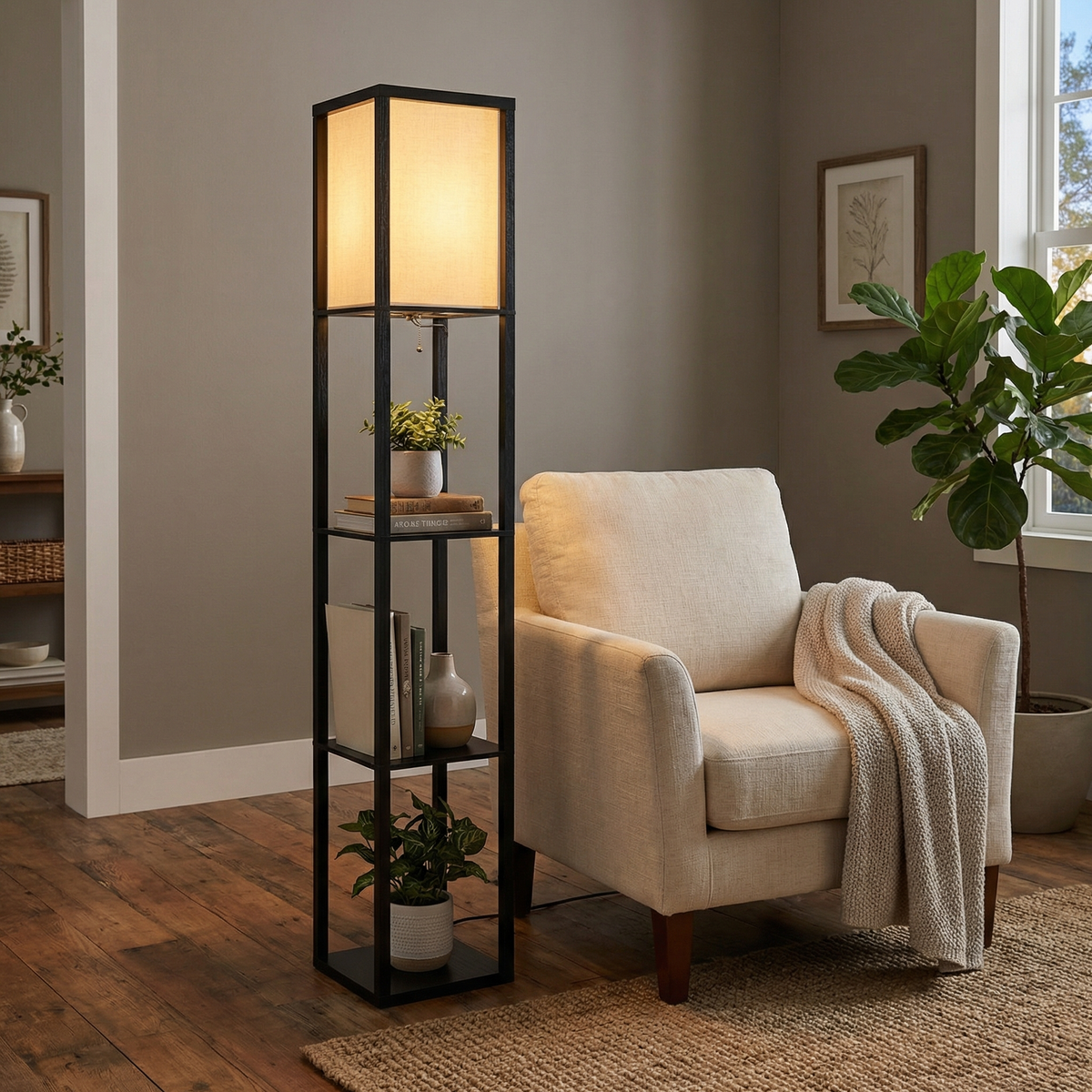 Floor Lamp With Fabric Shade And Built In Storage Shelves for Indoor Lighting