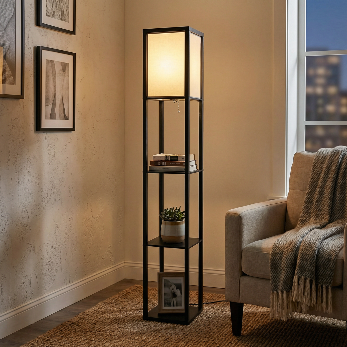 Floor Lamp With Fabric Shade And Built In Storage Shelves for Indoor Lighting