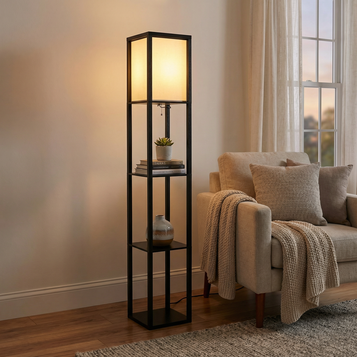 Floor Lamp With Fabric Shade And Built In Storage Shelves for Indoor Lighting