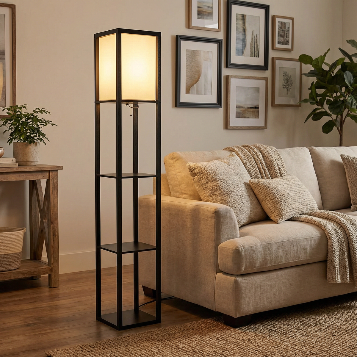 Floor Lamp With Fabric Shade And Built In Storage Shelves for Indoor Lighting
