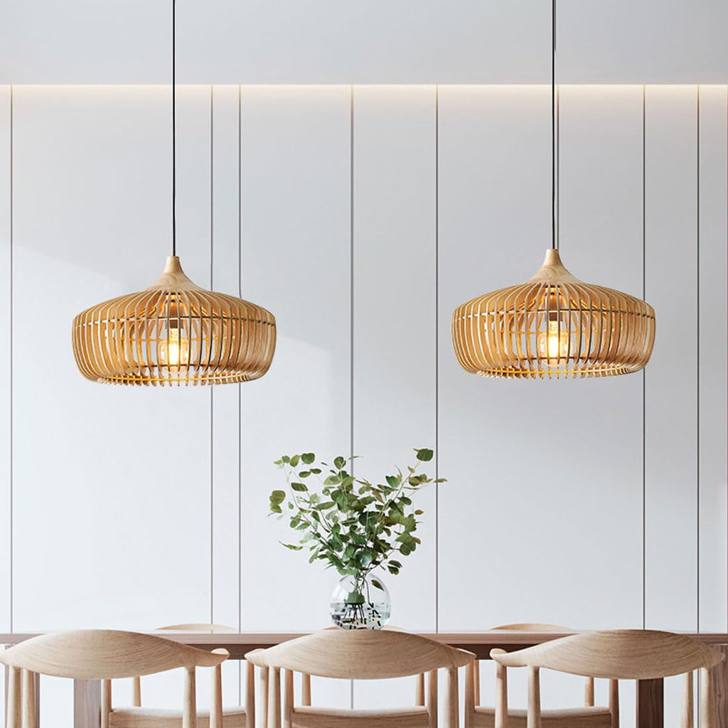 Nordic Bamboo Cage Pendant Light Wooden Slat Dome Fixture
