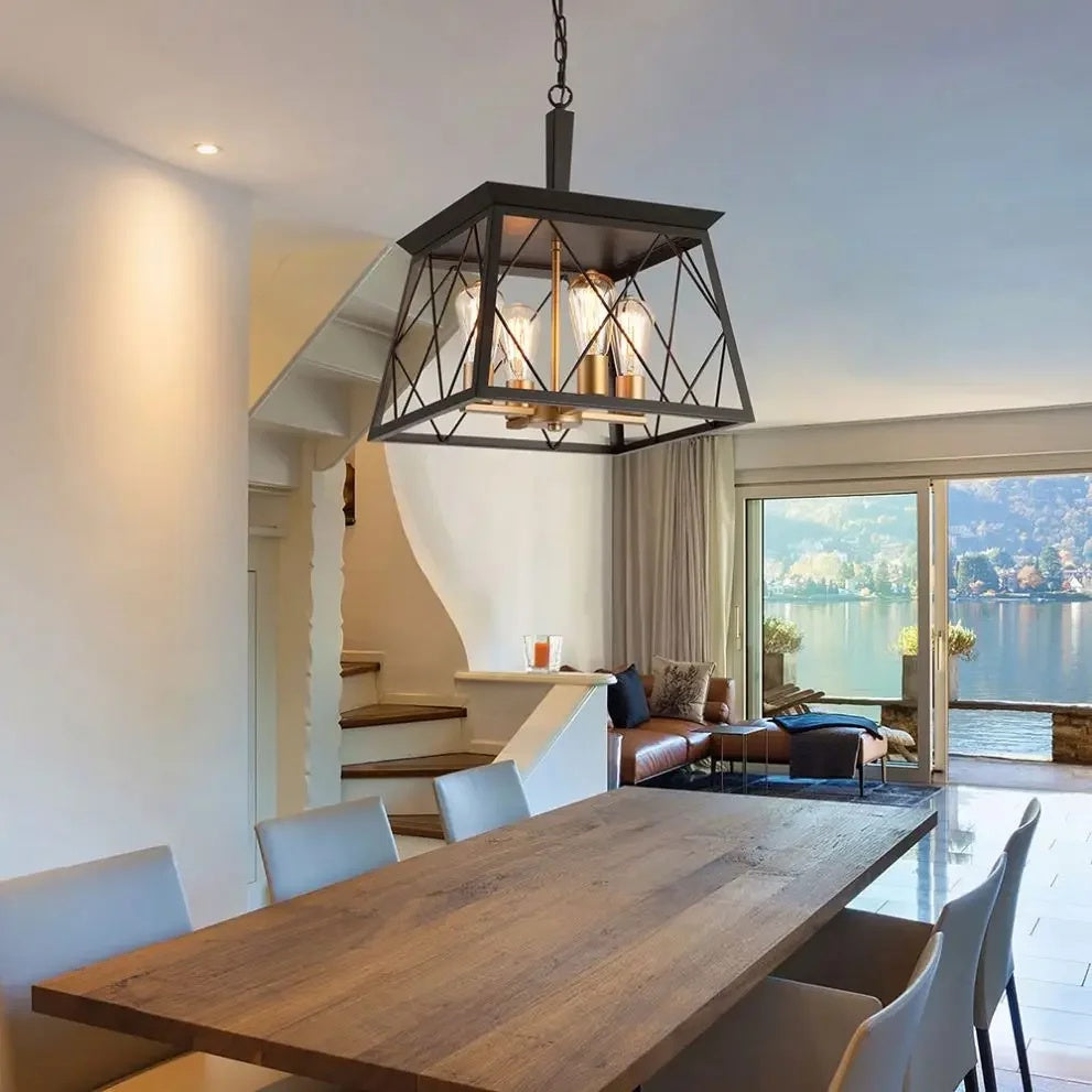 Geometric Cage Ceiling Light Fixture With Chain Suspension for Indoor Lighting