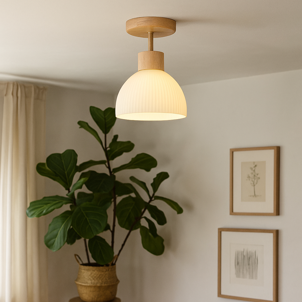 Scandinavian Wood And Glass Ceiling Light Fixture For Indoor Lighting