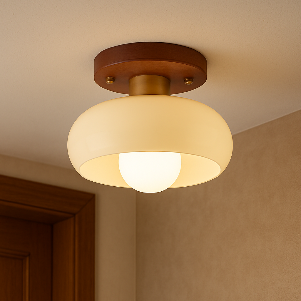 Wood And Cream Glass LED Flush Mount Ceiling Light