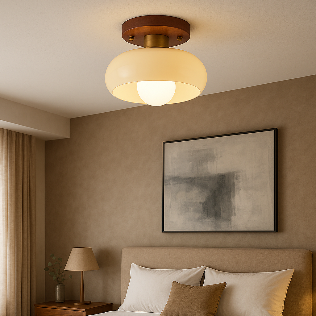 Wood And Cream Glass LED Flush Mount Ceiling Light