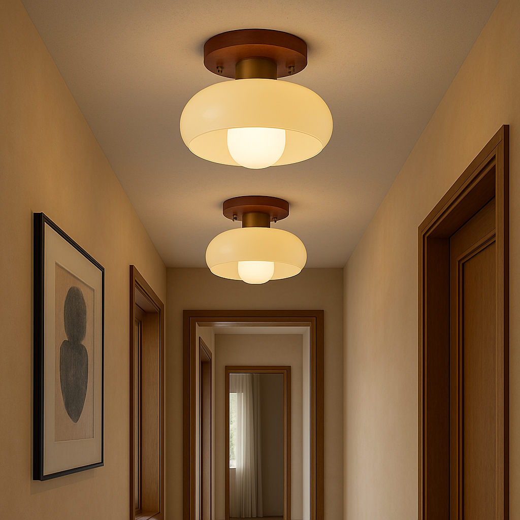 Wood And Cream Glass LED Flush Mount Ceiling Light