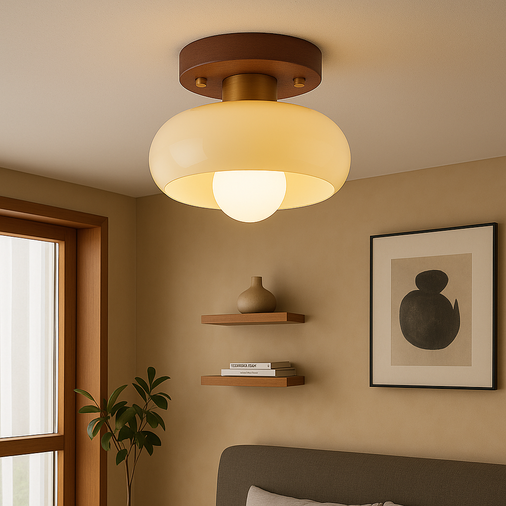 Wood And Cream Glass LED Flush Mount Ceiling Light