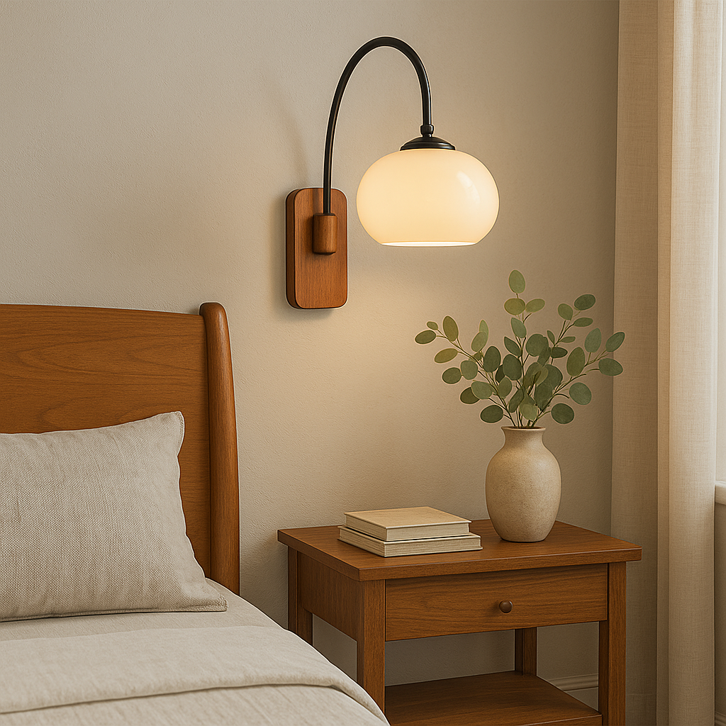 Classic Bauhaus Rotatable Wall Light With Wooden Arm And Khaki Glass Shade