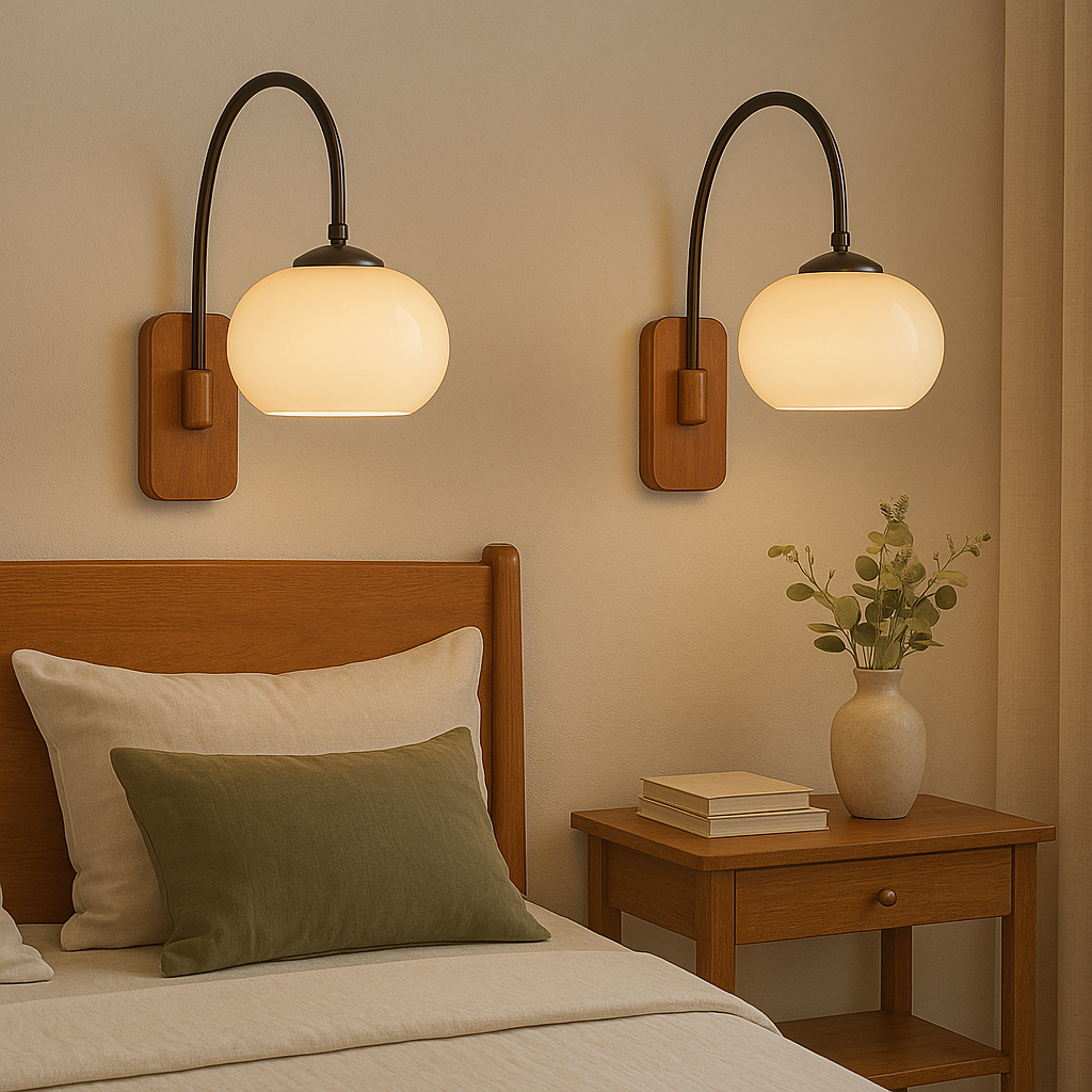 Classic Bauhaus Rotatable Wall Light With Wooden Arm And Khaki Glass Shade
