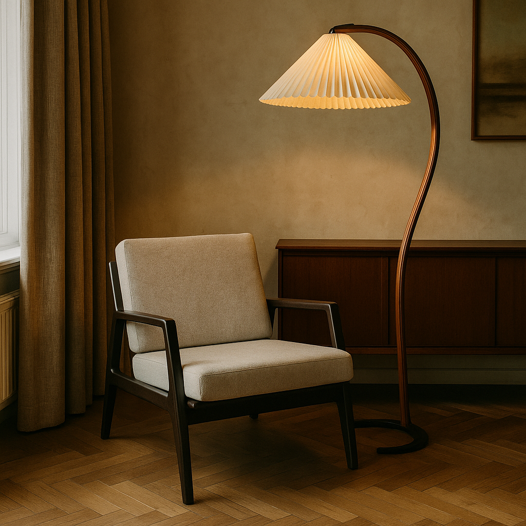 Scandinavian Curved Floor Lamp with Beech Wood Stem and Pleated Linen Shade