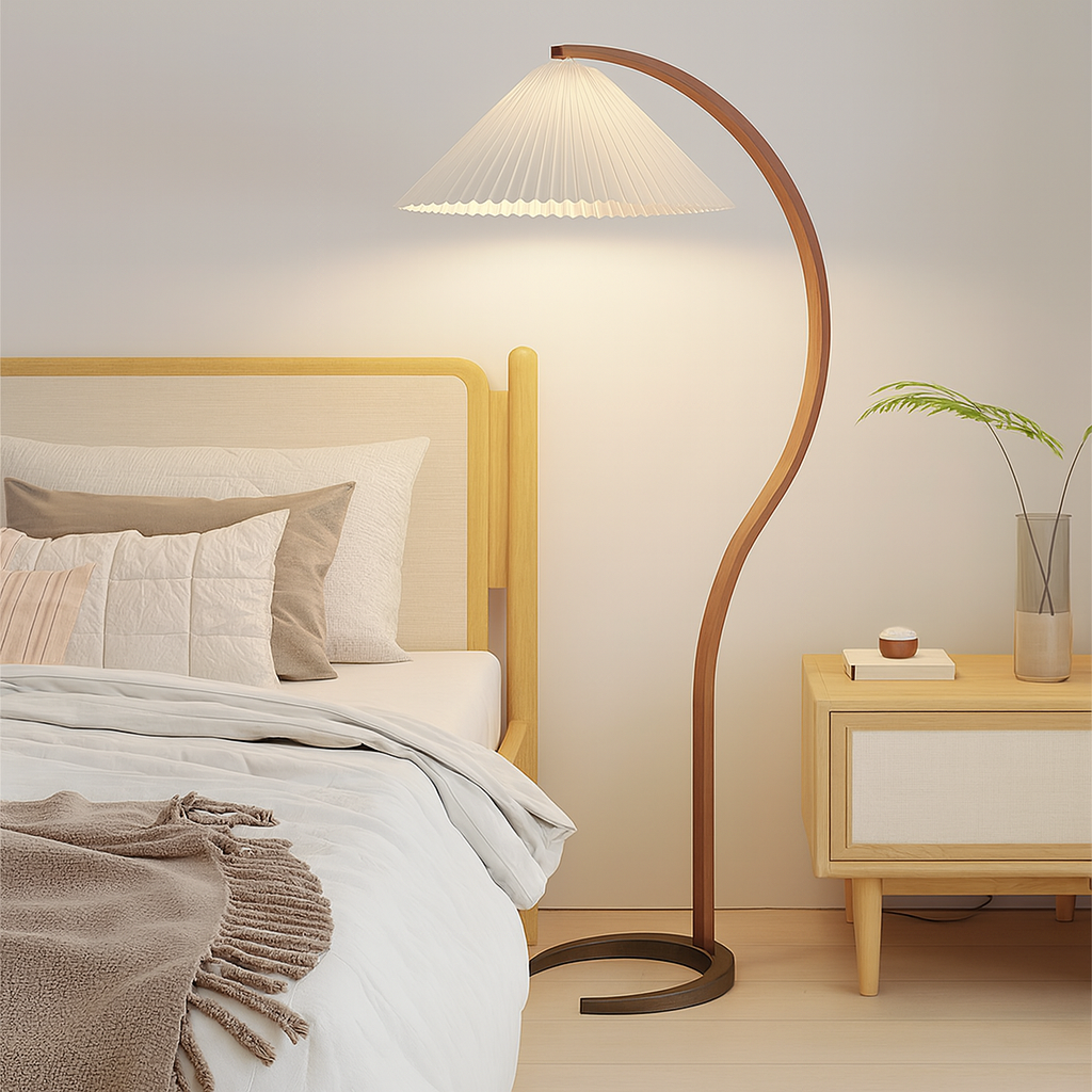 Scandinavian Curved Floor Lamp with Beech Wood Stem and Pleated Linen Shade