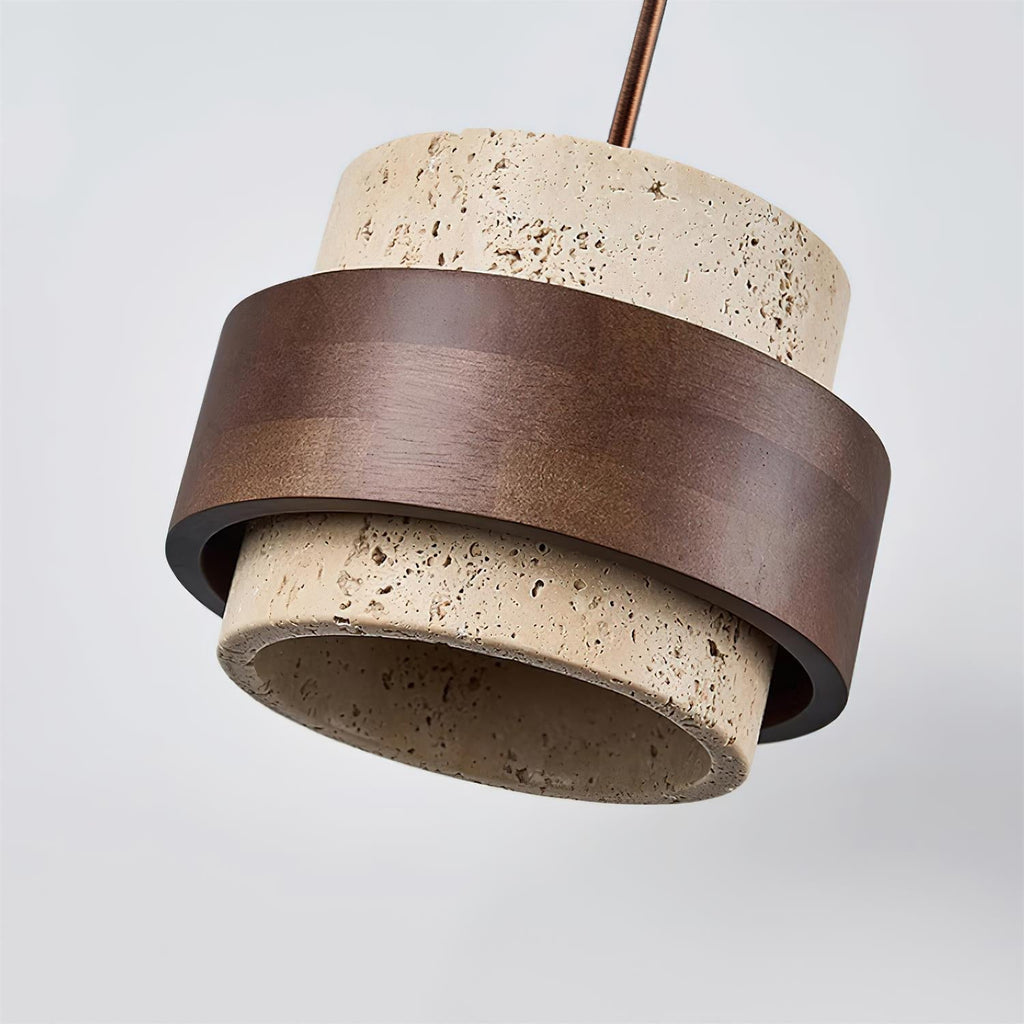 Travertine Cylinder Pendant Light With Wood Band Ceiling Fixture