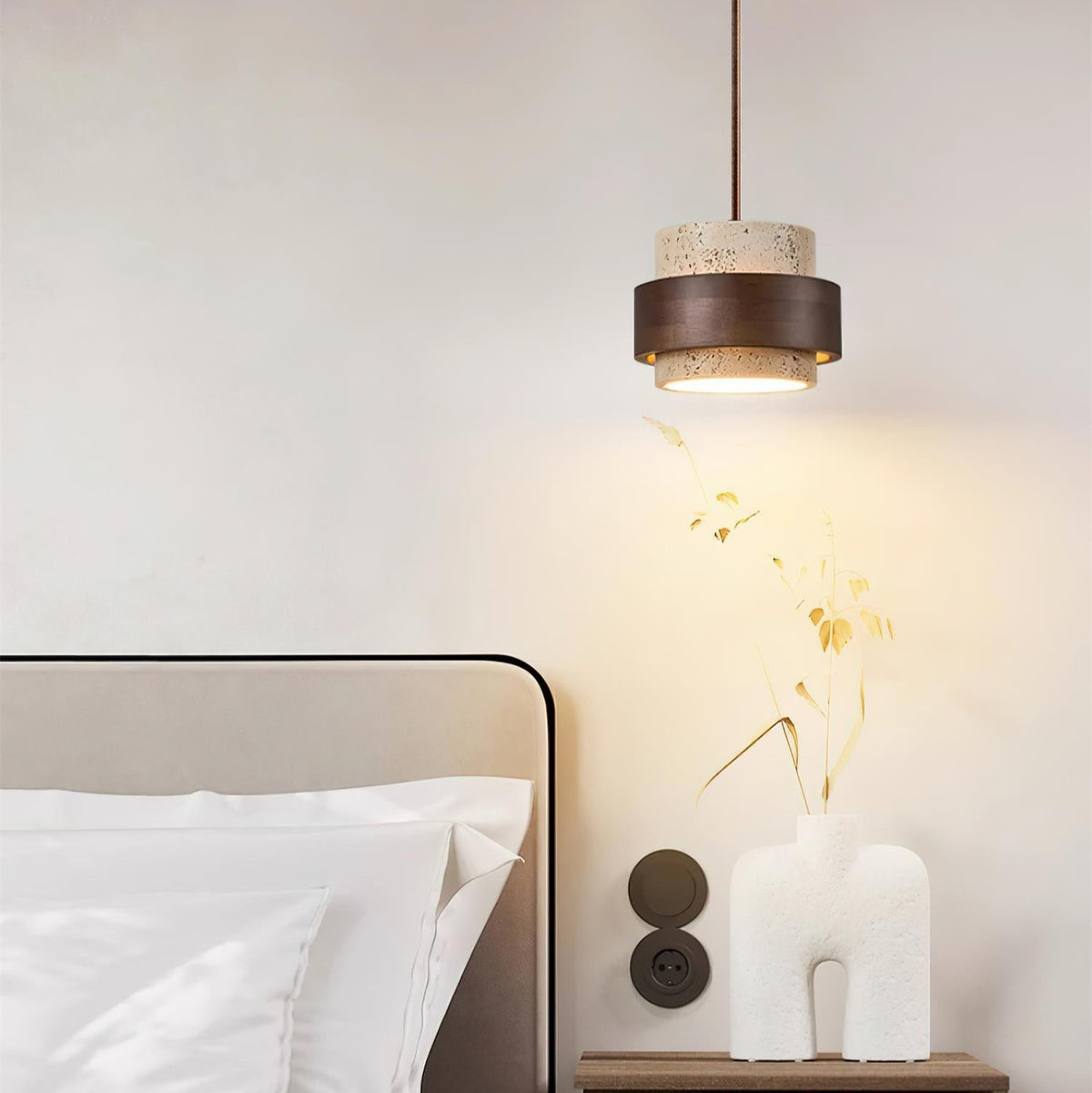 Travertine Cylinder Pendant Light With Wood Band Ceiling Fixture