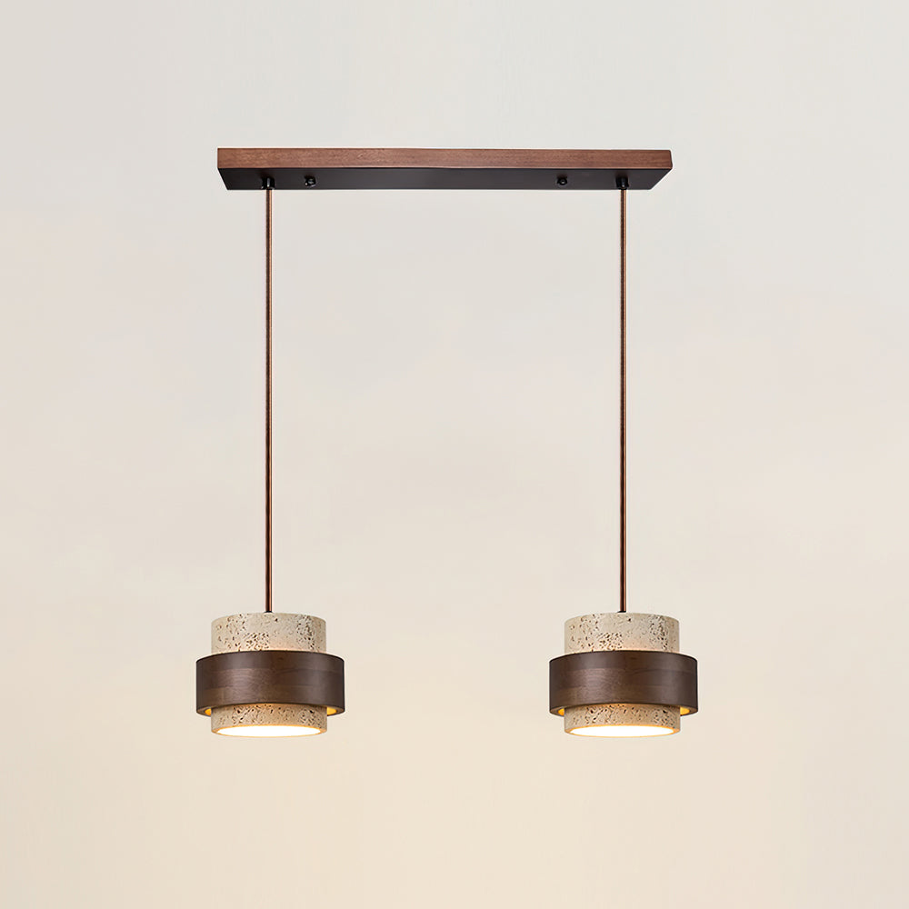 Travertine Cylinder Pendant Light With Wood Band Ceiling Fixture