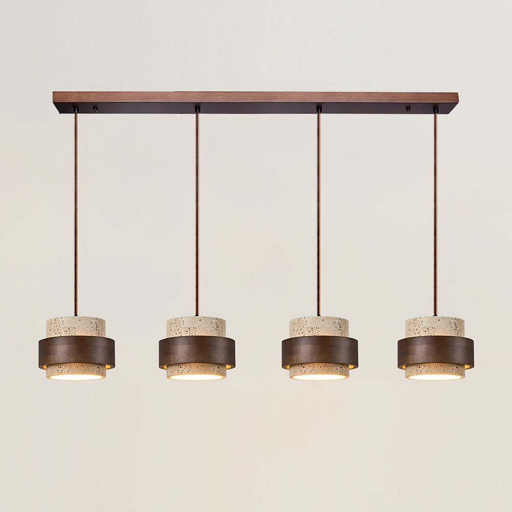 Travertine Cylinder Pendant Light With Wood Band Ceiling Fixture