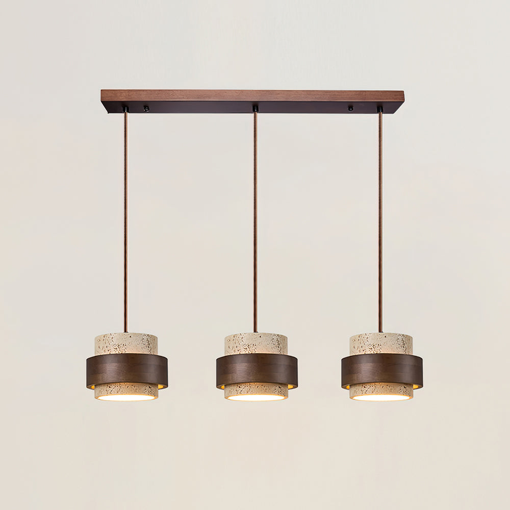Travertine Cylinder Pendant Light With Wood Band Ceiling Fixture
