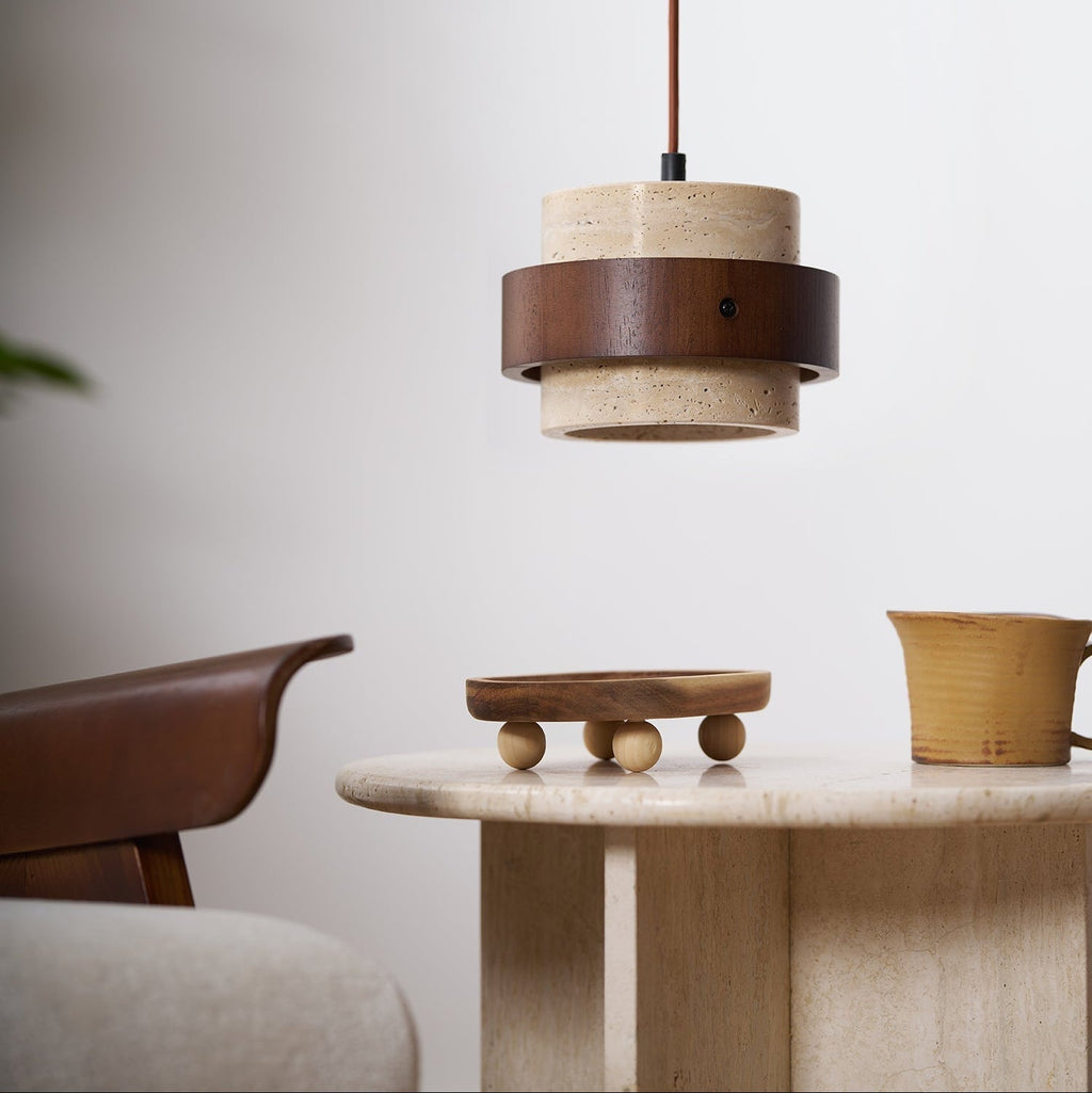 Travertine Cylinder Pendant Light With Wood Band Ceiling Fixture