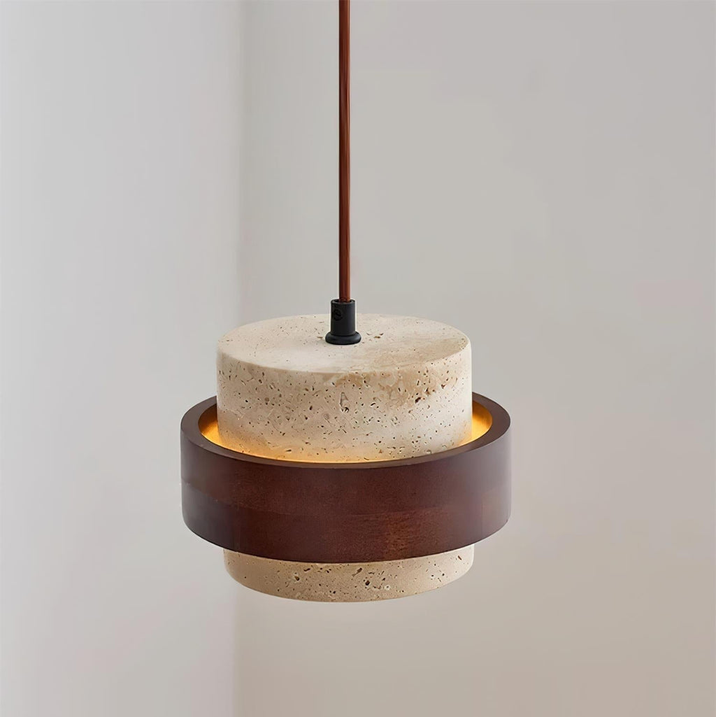 Travertine Cylinder Pendant Light With Wood Band Ceiling Fixture
