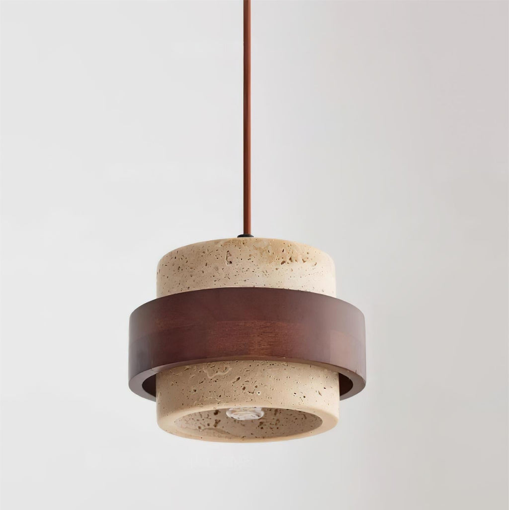 Travertine Cylinder Pendant Light With Wood Band Ceiling Fixture