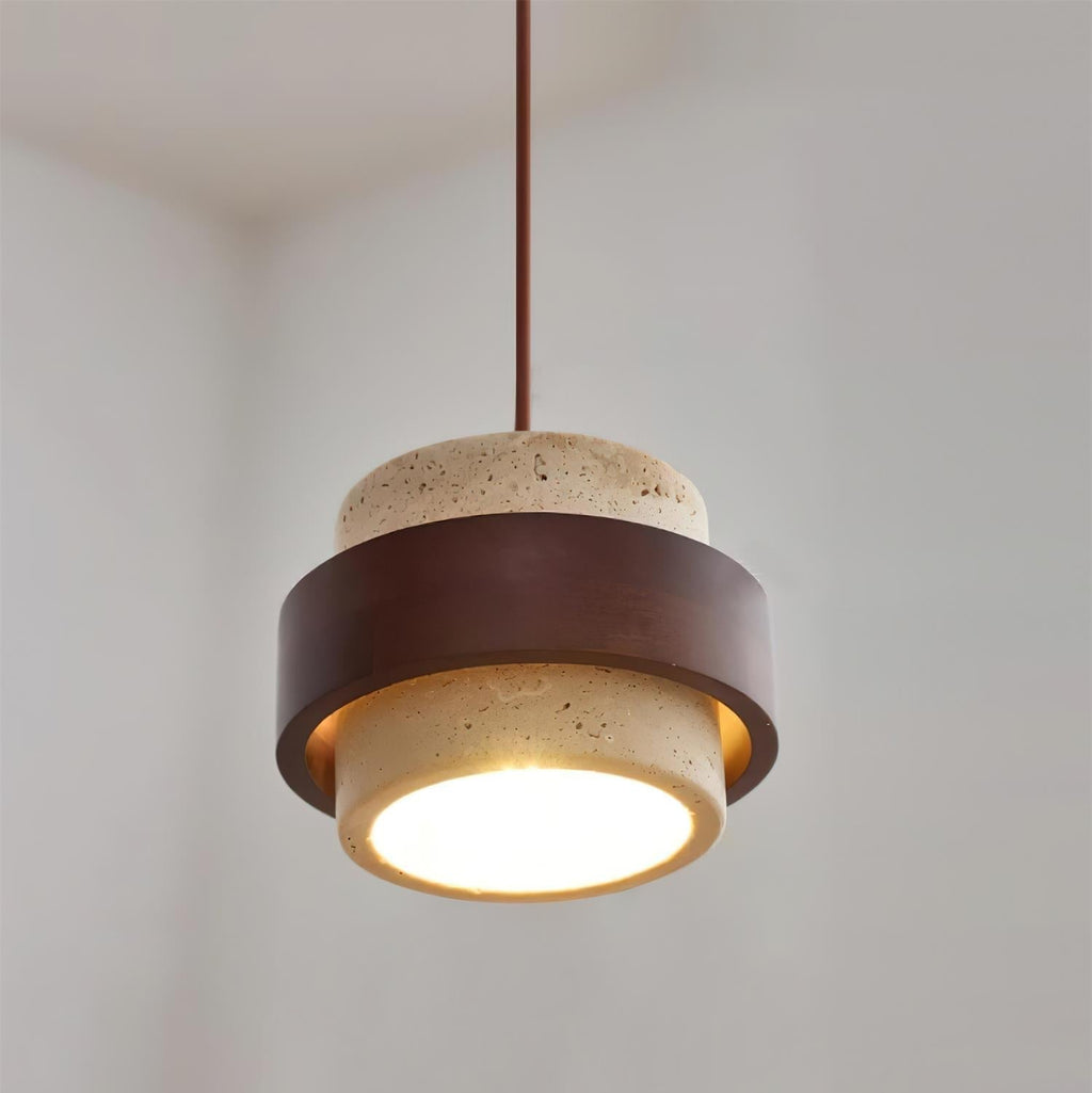 Travertine Cylinder Pendant Light With Wood Band Ceiling Fixture
