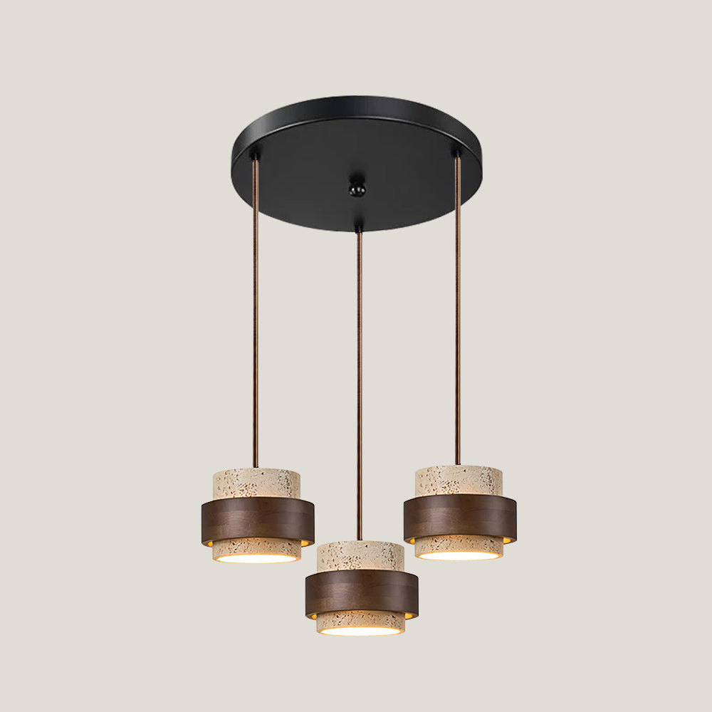 Travertine Cylinder Pendant Light With Wood Band Ceiling Fixture