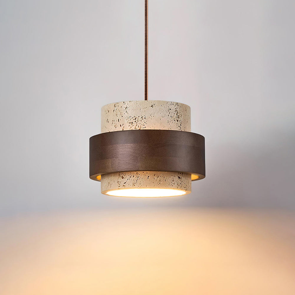 Travertine Cylinder Pendant Light With Wood Band Ceiling Fixture