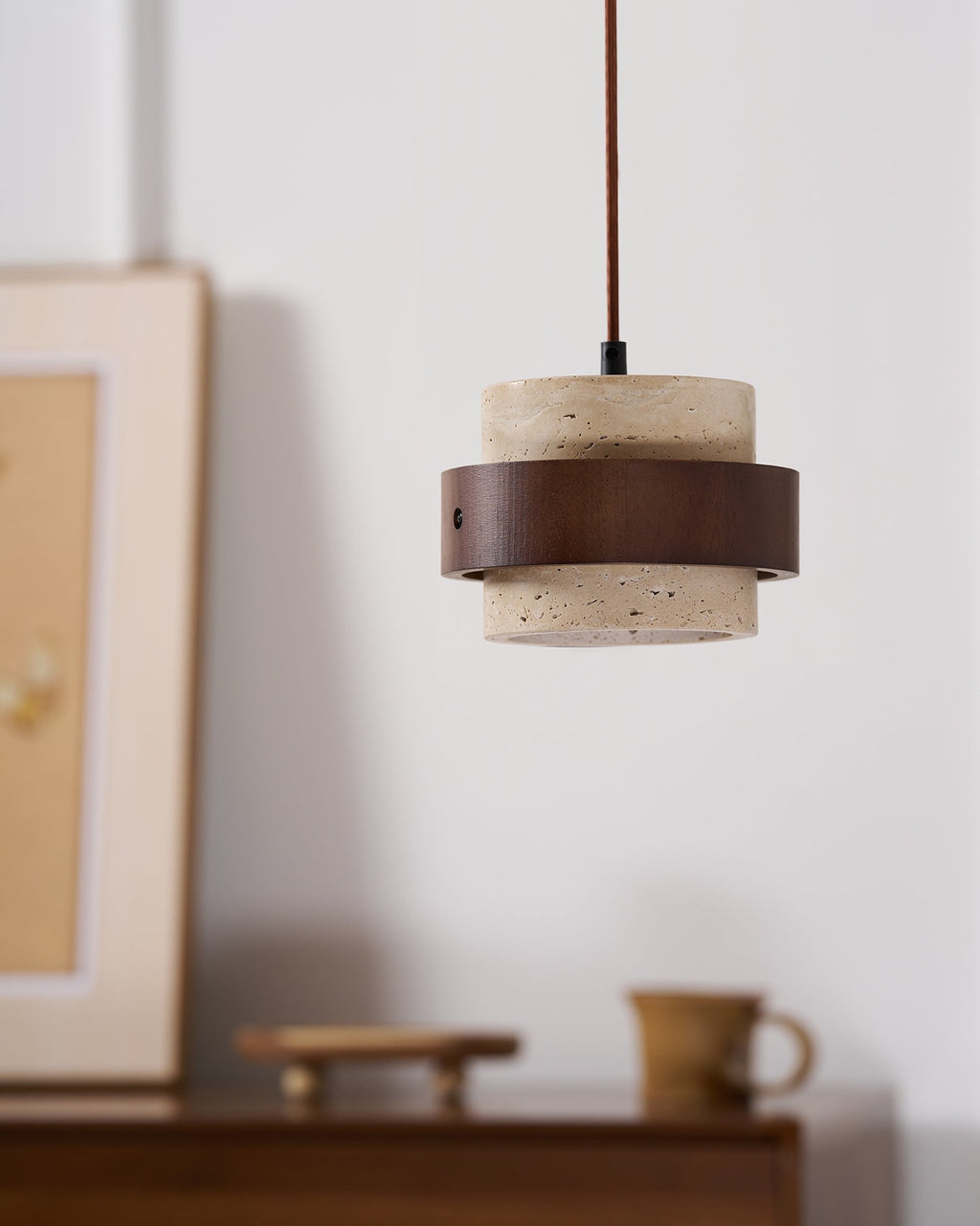Travertine Cylinder Pendant Light With Wood Band Ceiling Fixture