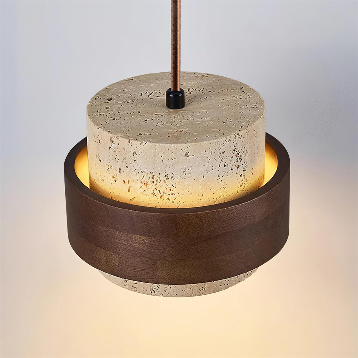 Travertine Cylinder Pendant Light With Wood Band Ceiling Fixture