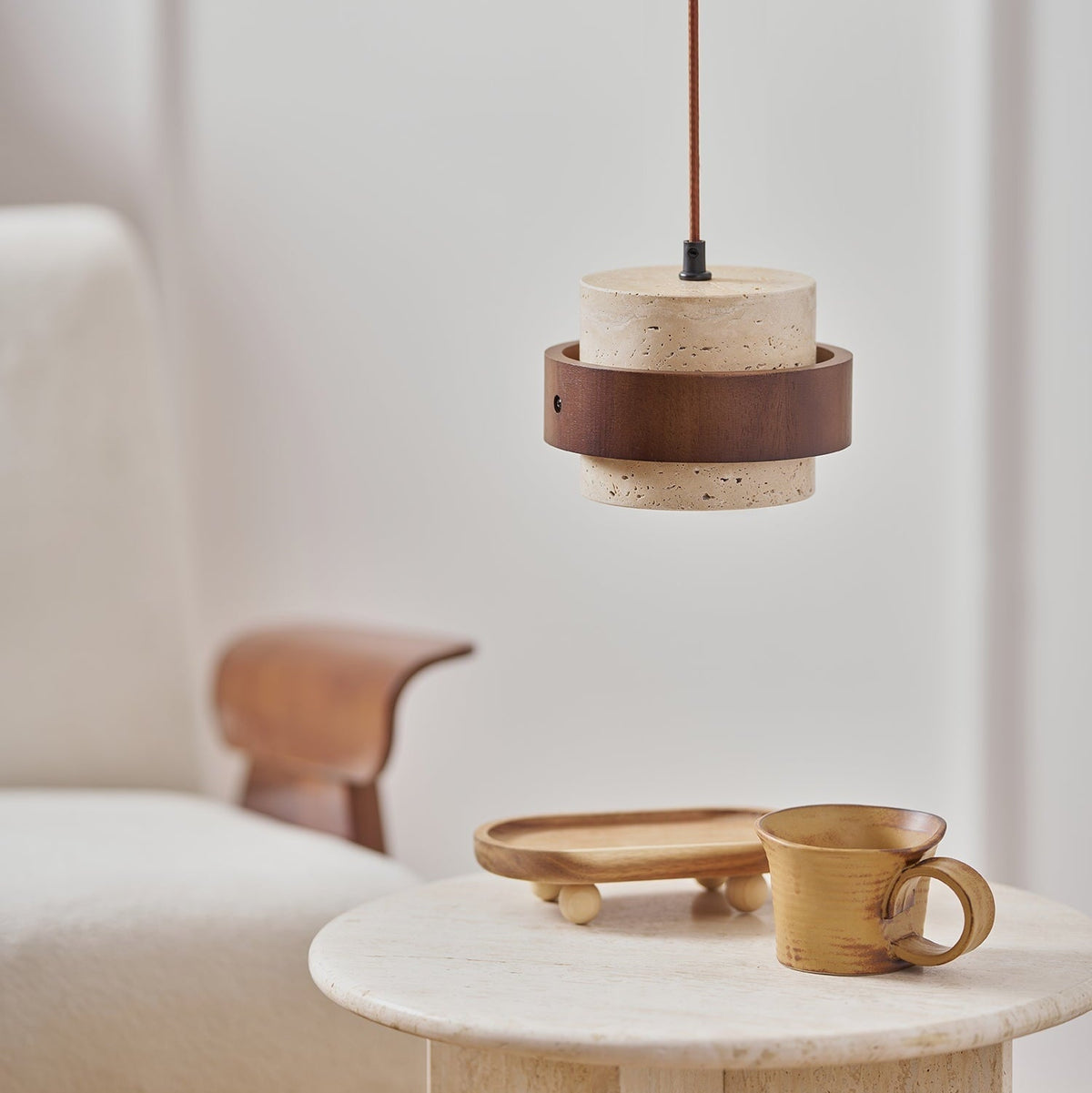 Travertine Cylinder Pendant Light With Wood Band Ceiling Fixture