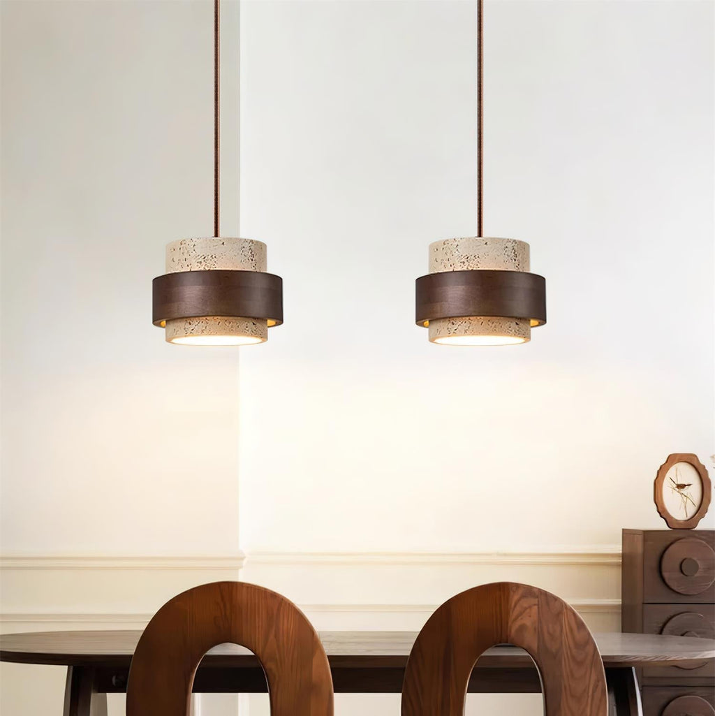 Travertine Cylinder Pendant Light With Wood Band Ceiling Fixture