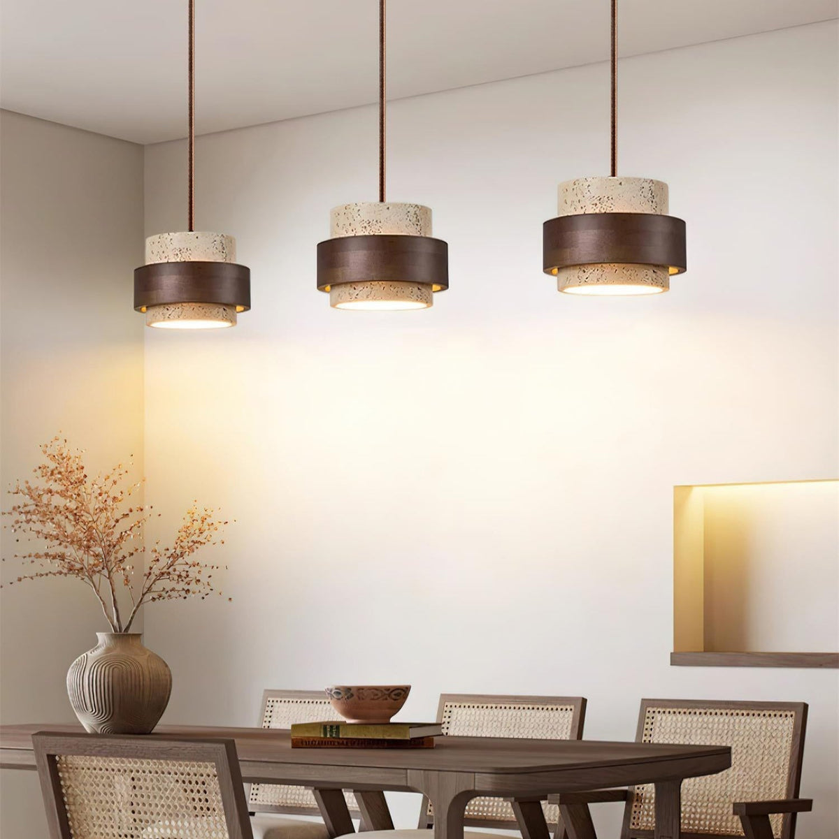 Travertine Cylinder Pendant Light With Wood Band Ceiling Fixture