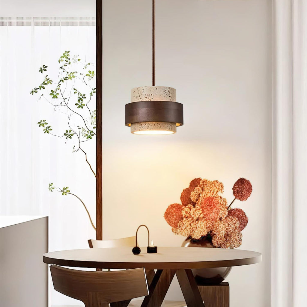 Travertine Cylinder Pendant Light With Wood Band Ceiling Fixture