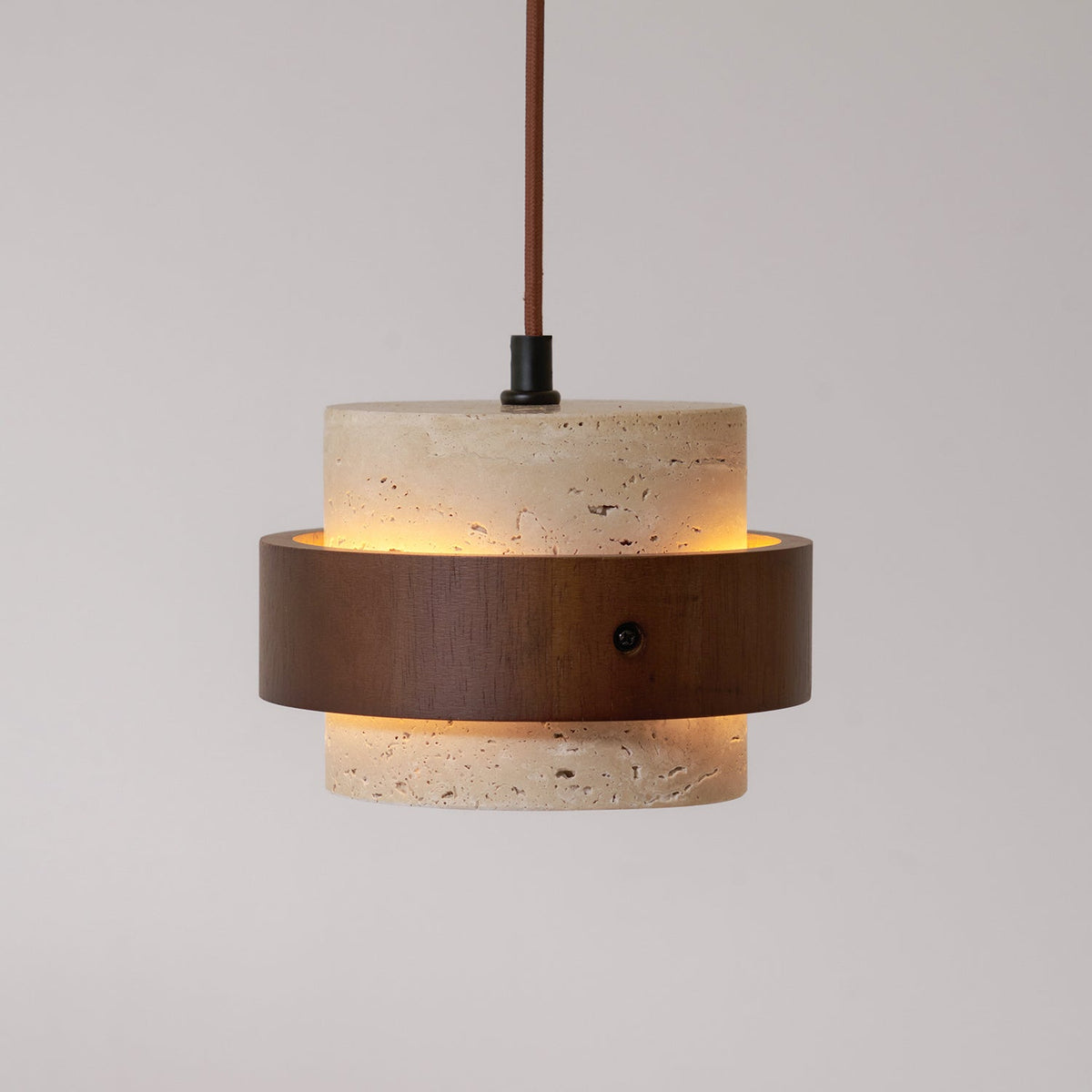 Travertine Cylinder Pendant Light With Wood Band Ceiling Fixture