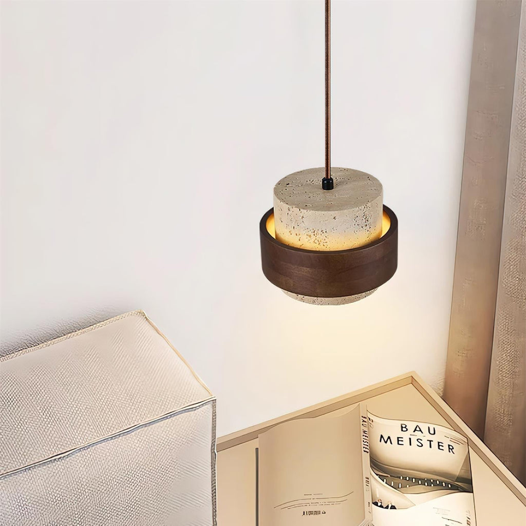 Travertine Cylinder Pendant Light With Wood Band Ceiling Fixture