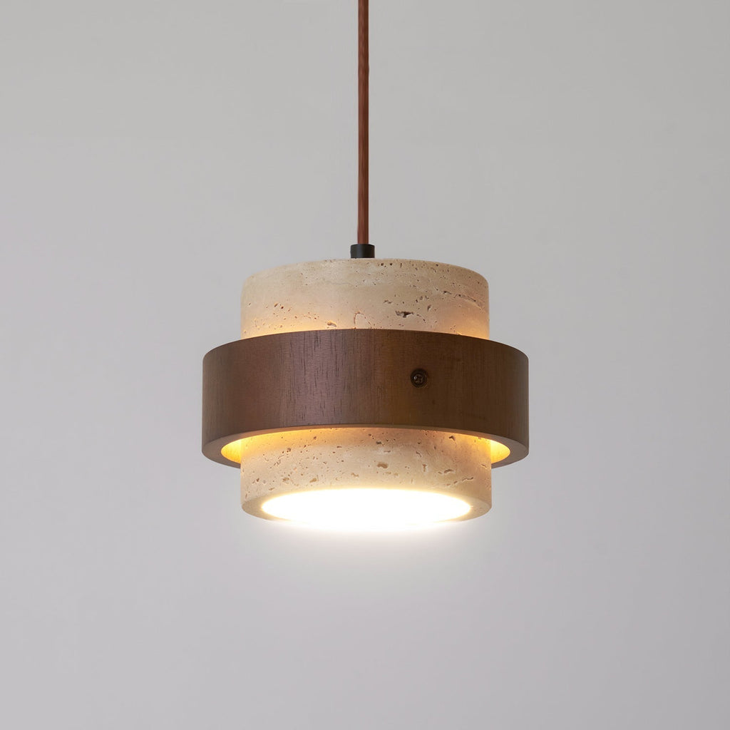 Travertine Cylinder Pendant Light With Wood Band Ceiling Fixture