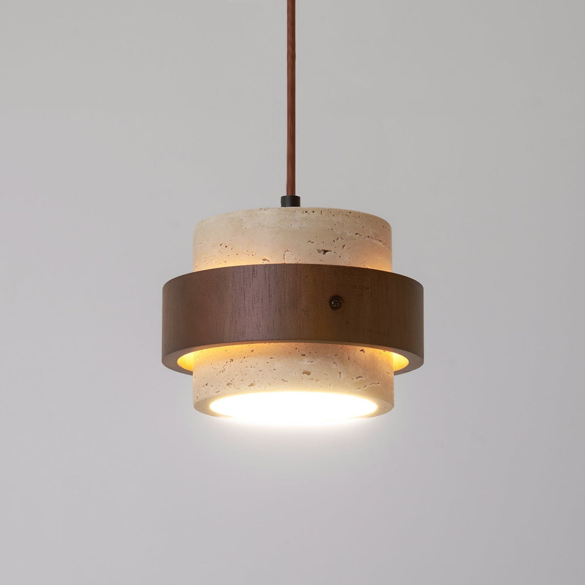 Travertine Cylinder Pendant Light With Wood Band Ceiling Fixture