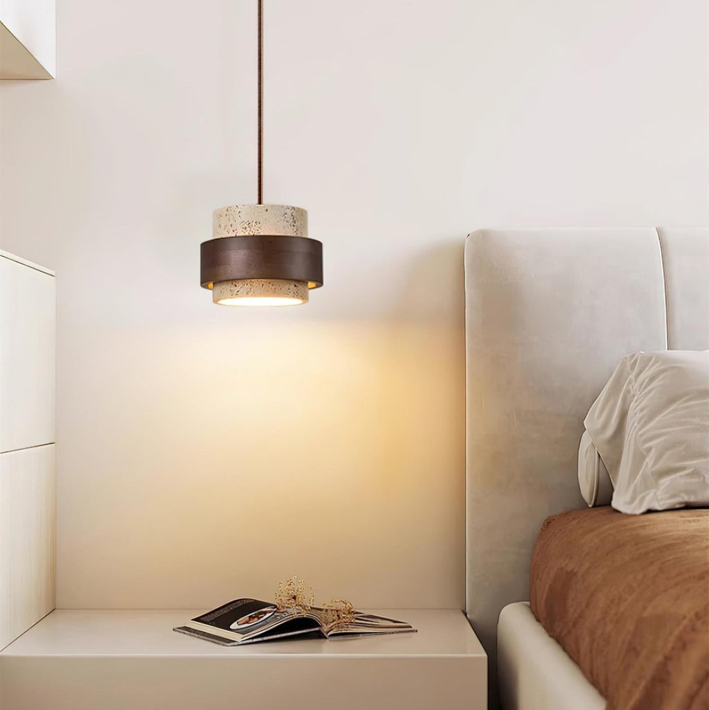 Travertine Cylinder Pendant Light With Wood Band Ceiling Fixture