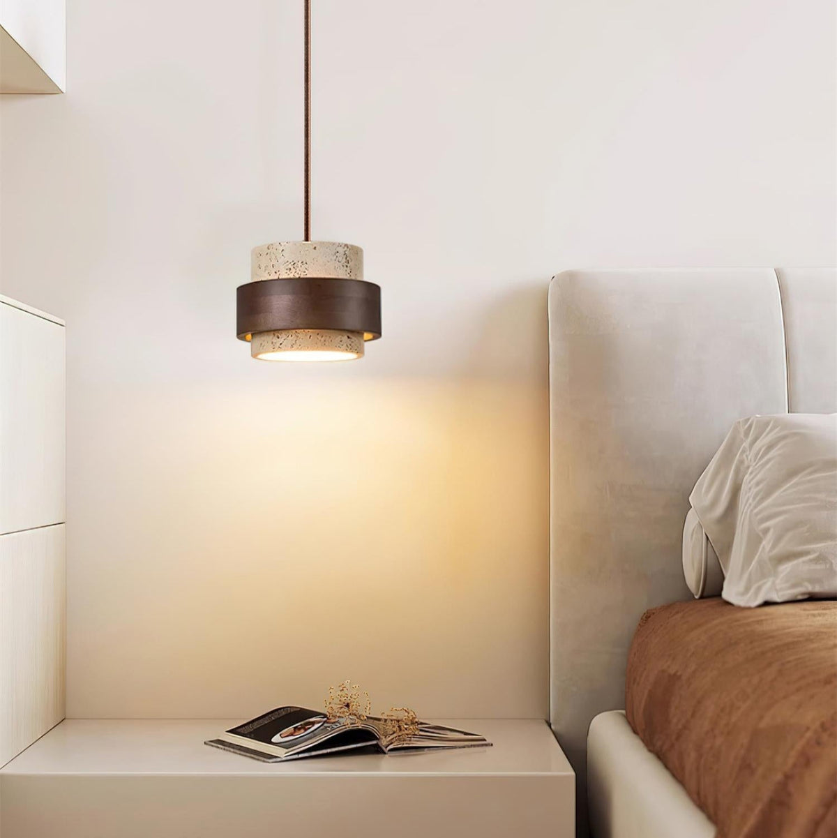 Travertine Cylinder Pendant Light With Wood Band Ceiling Fixture