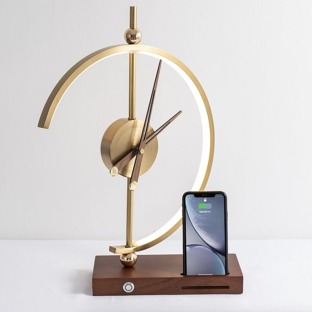 LED Table Lamp With Clock And Wooden Base For Ambient Lighting