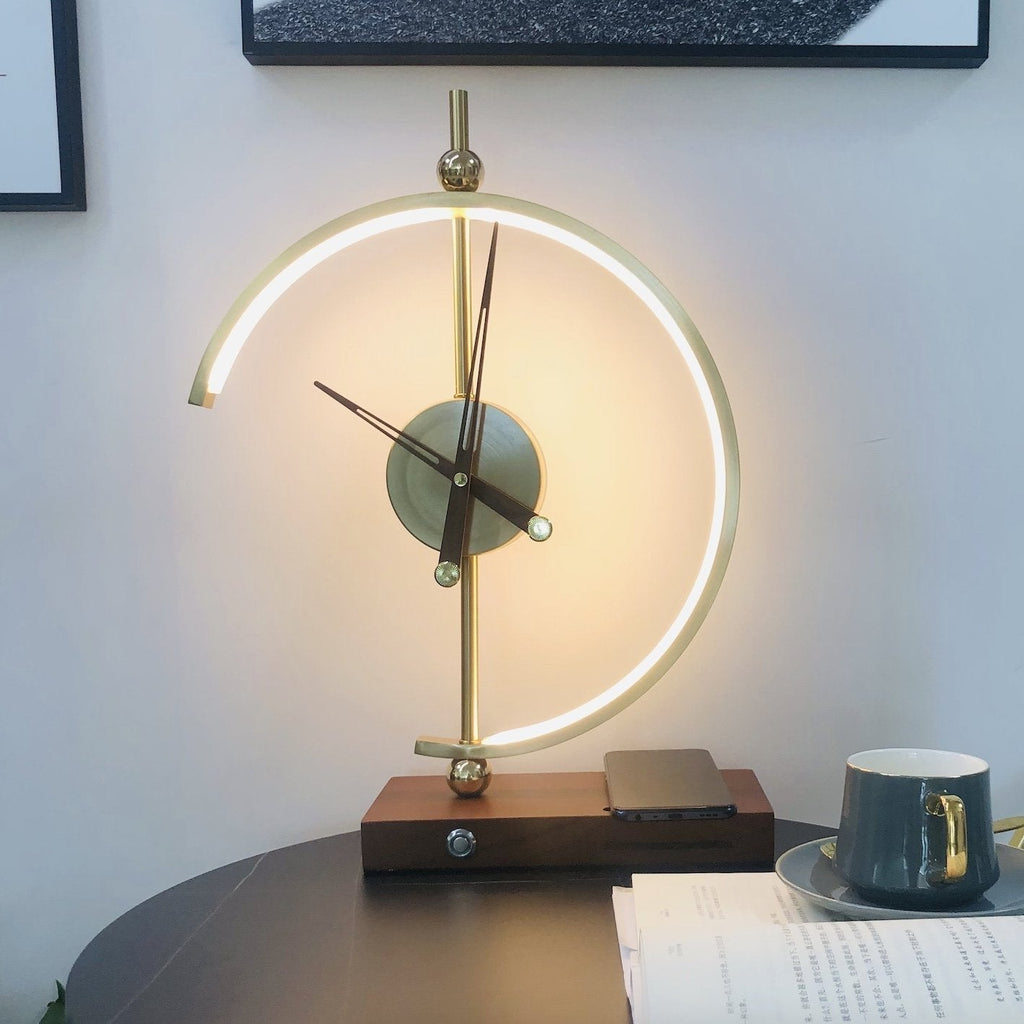 LED Table Lamp With Clock And Wooden Base For Ambient Lighting