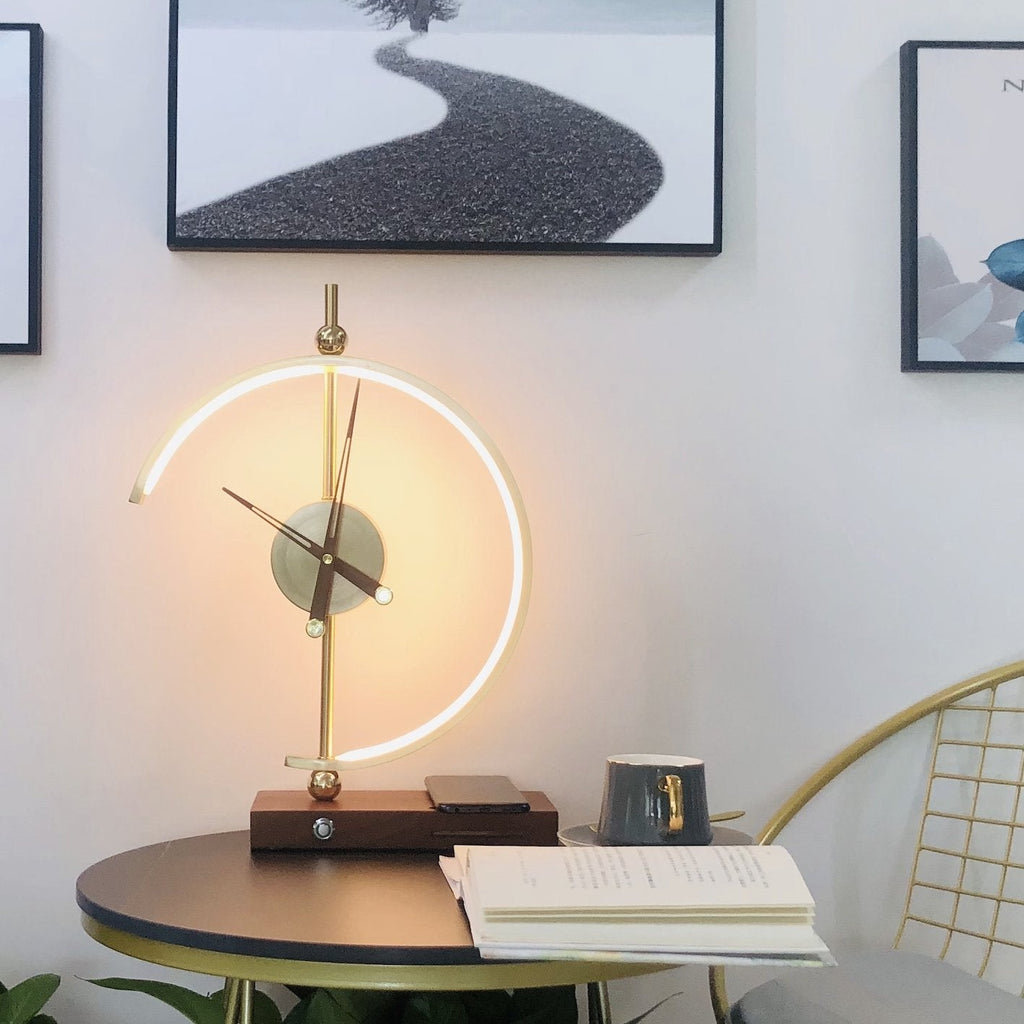 LED Table Lamp With Clock And Wooden Base For Ambient Lighting