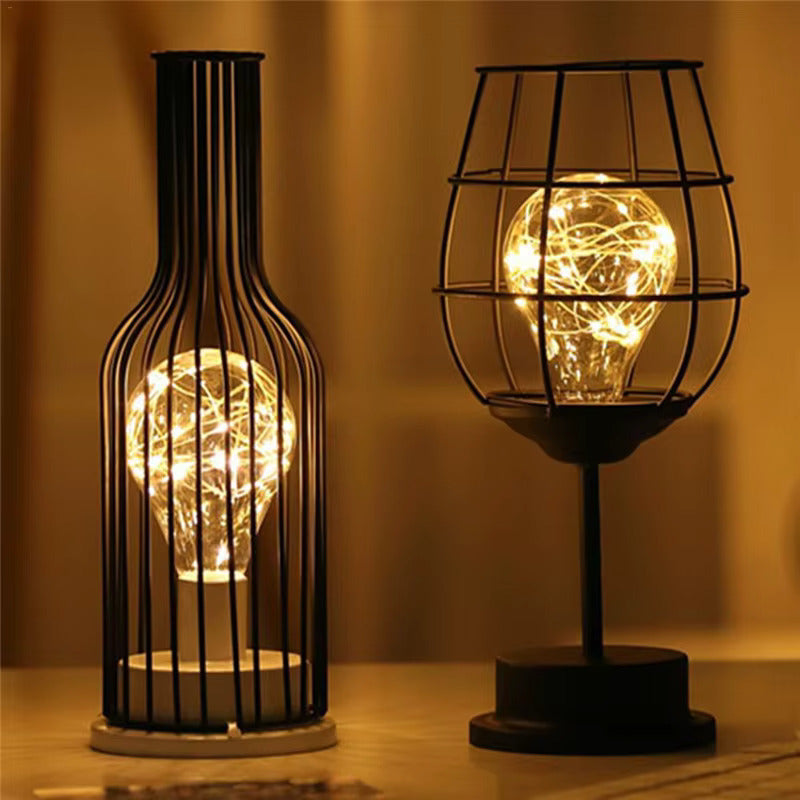 Wireless Table Lamp With Black Metal Cage Shade For Indoor Lighting