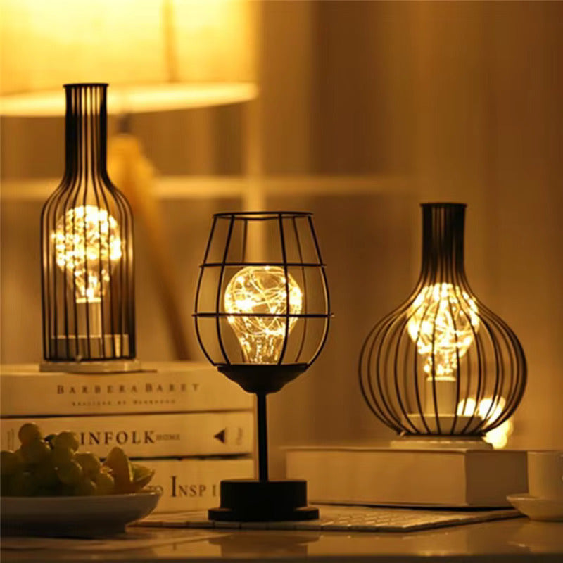Wireless Table Lamp With Black Metal Cage Shade For Indoor Lighting