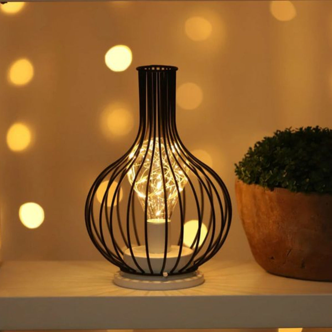Wireless Table Lamp With Black Metal Cage Shade For Indoor Lighting