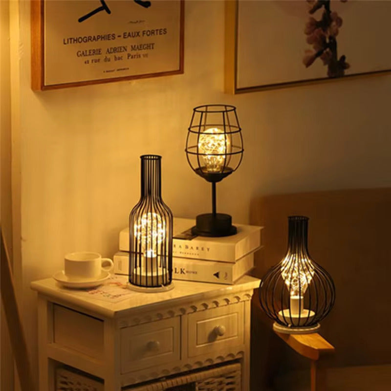 Wireless Table Lamp With Black Metal Cage Shade For Indoor Lighting