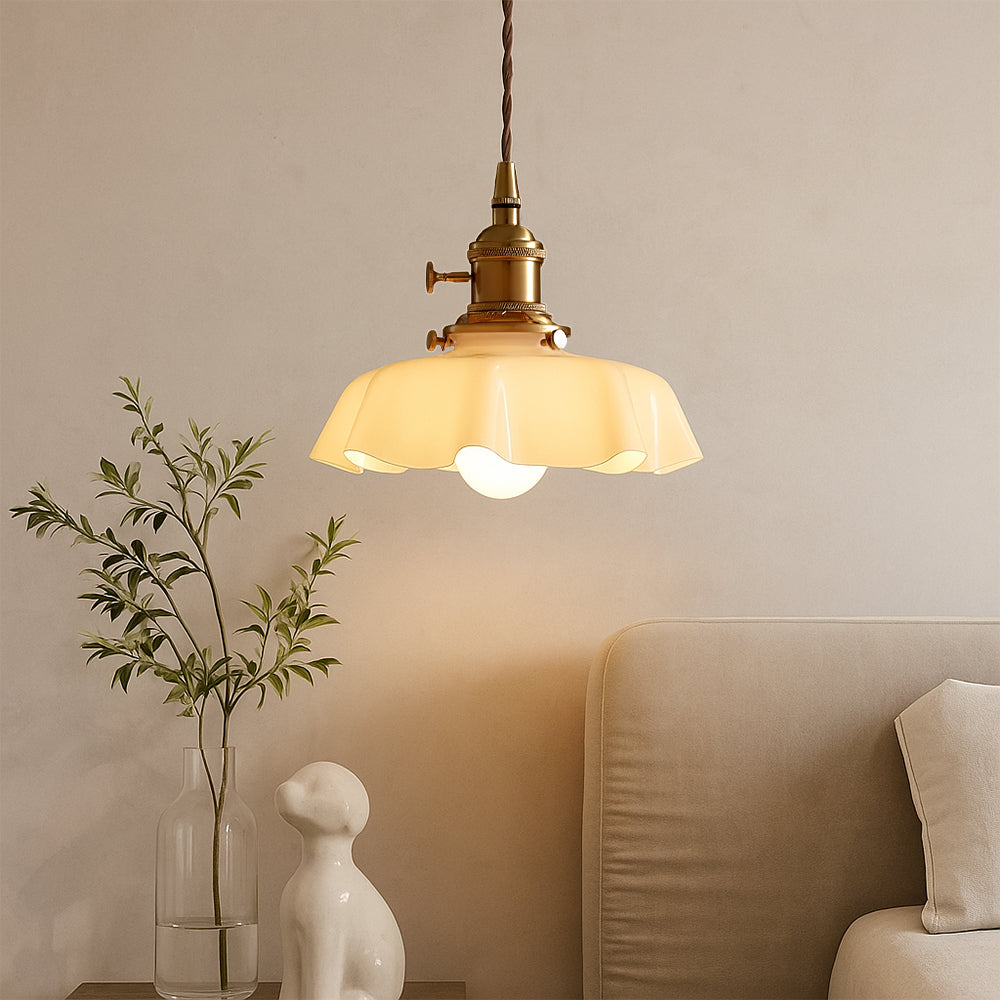 French Style Pendant Light With Scalloped Cream Glass Shade And Brass Fitting