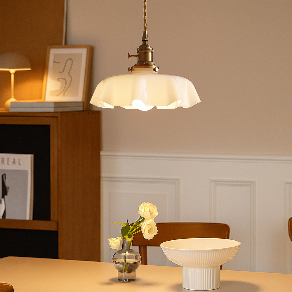 French Style Pendant Light With Scalloped Cream Glass Shade And Brass Fitting
