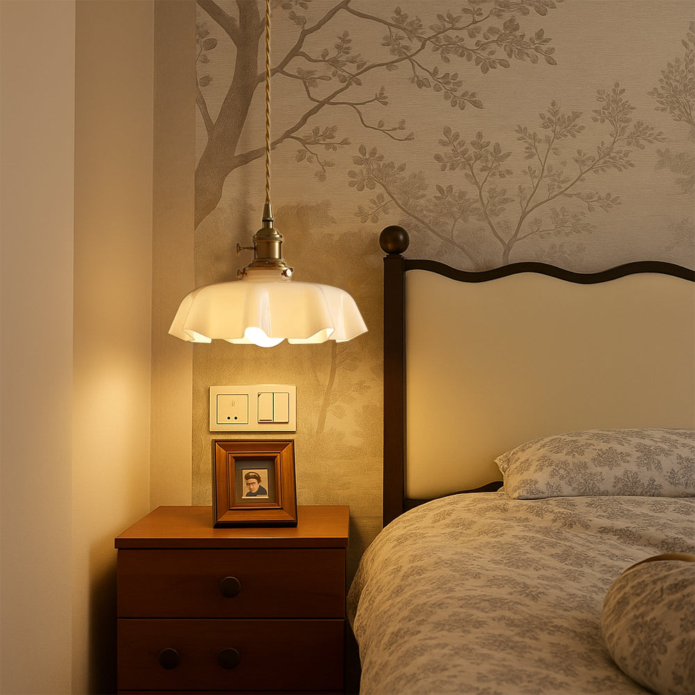 French Style Pendant Light With Scalloped Cream Glass Shade And Brass Fitting