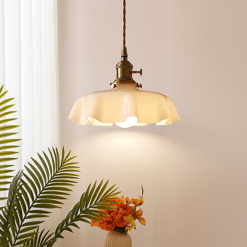 French Style Pendant Light With Scalloped Cream Glass Shade And Brass Fitting